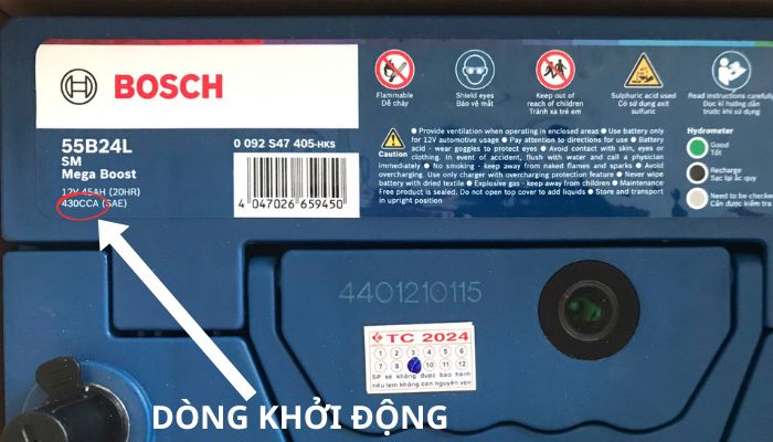 Hình ảnh thông số khởi động trên bình ắc quy