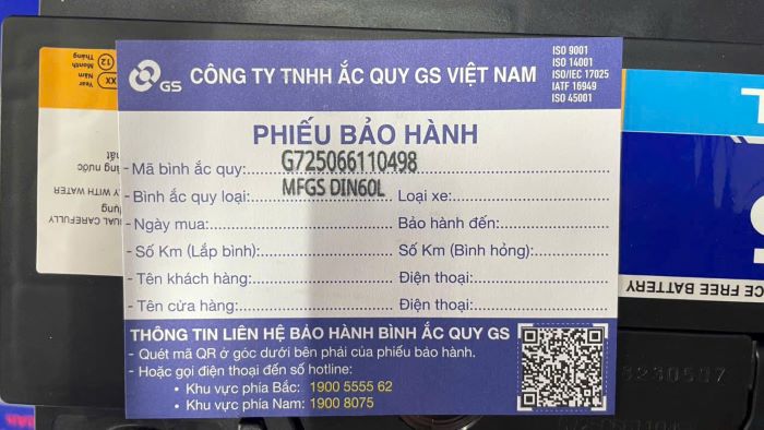 Số seri bình ắc quy GS trên phiếu bảo hành chính hãng