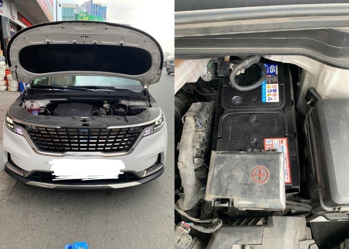 Hình ảnh nhân viên Ắc Quy Hòa Phát lắp đặt ắc quy xe Canival