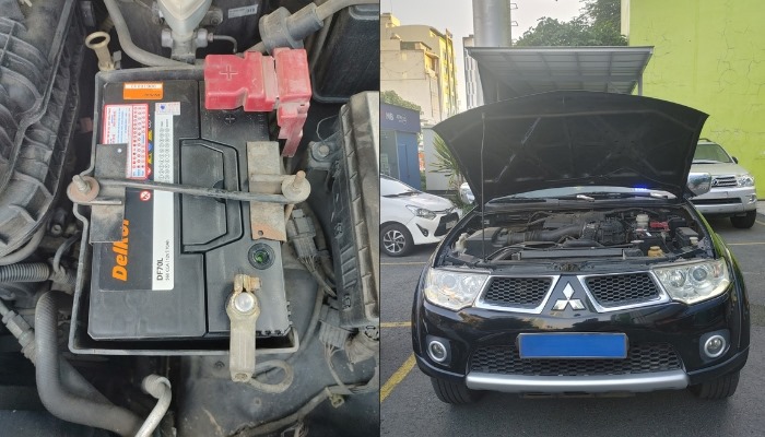 Lắp đặt ắc quy Delkor DF70L xe Mitsubishi Pajero Sport tại Hoà Phát