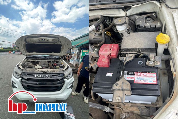 Kỹ thuật viên Hòa Phát thay ắc quy cho xe Isuzu Dmax