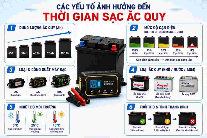 Các Yếu Tố Ảnh Hưởng Đến Thời Gian Sạc Ắc Quy